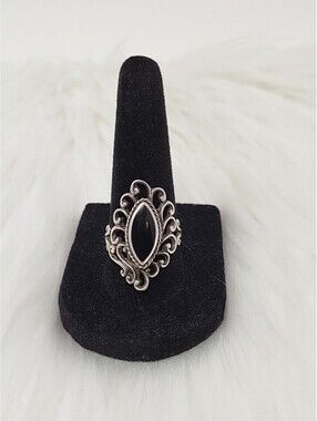 Vintage Thai 925 Sterling Black Onyx Filigree Ring Sz 7.5